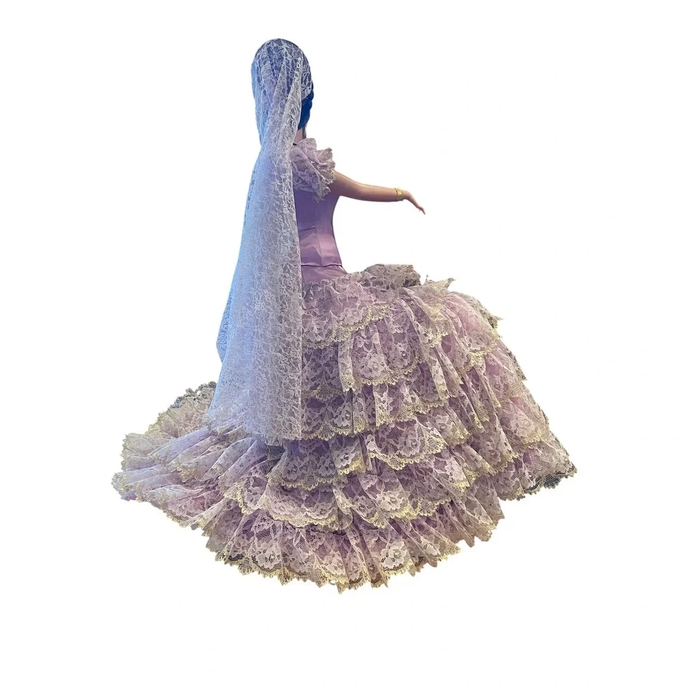 Vintage Marin Chiclana Spanish Flamenco Doll Purple Lace Dress Mantilla Guitar